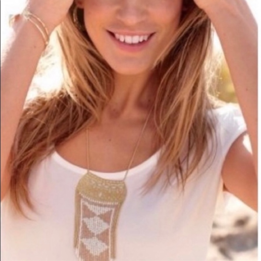 Bohemian style gold necklace w fringe. Stella& Dot